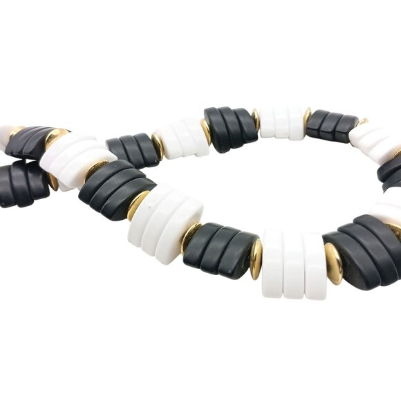 Vintage Black & White Beaded Necklace with Gold Accents and Mod Flair - Picture 3 of 3